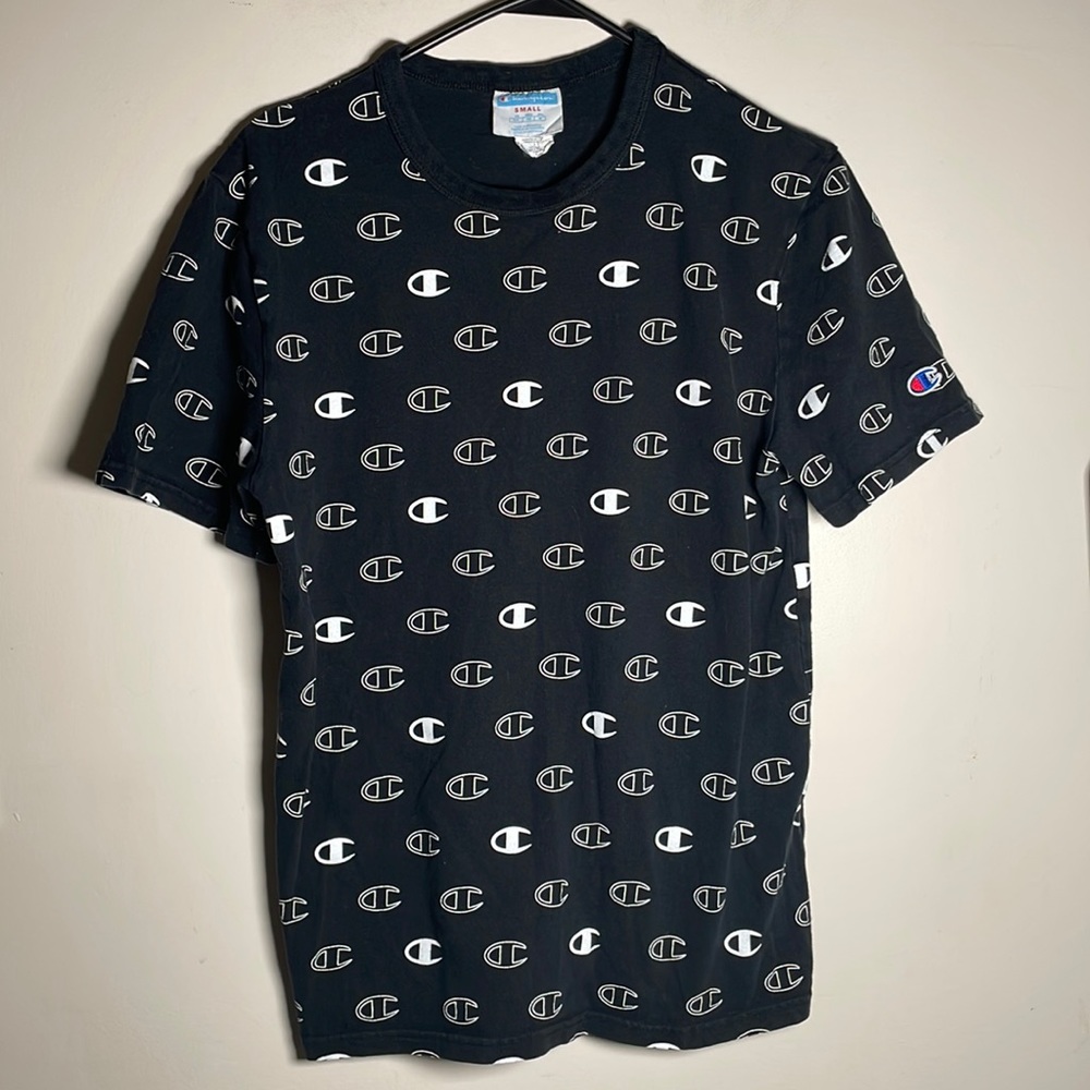 Champion Repeat Logo T shirt mens S black white